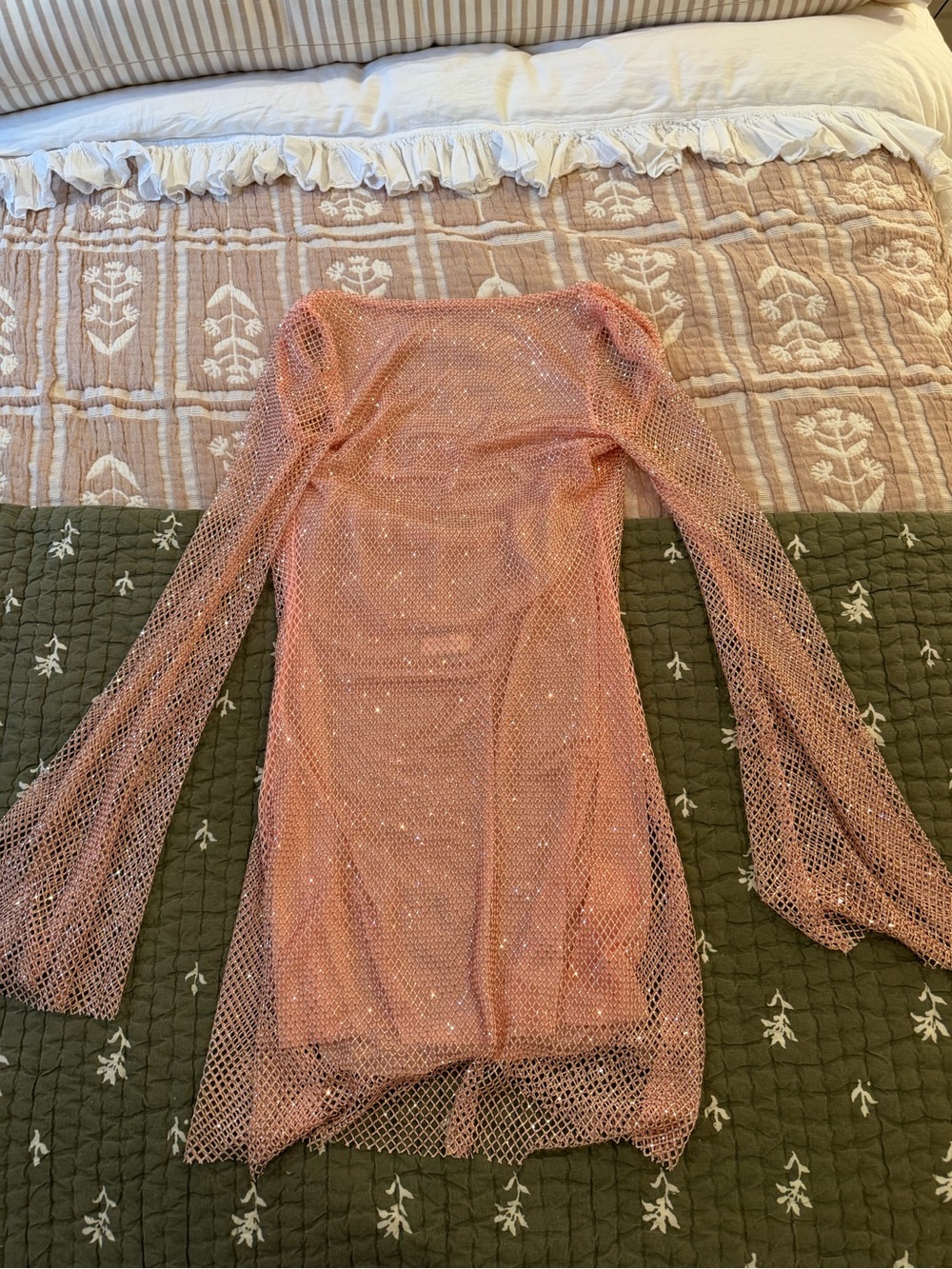 Meshki Rose Pink Sequin Mesh Long-Sleeve Dress